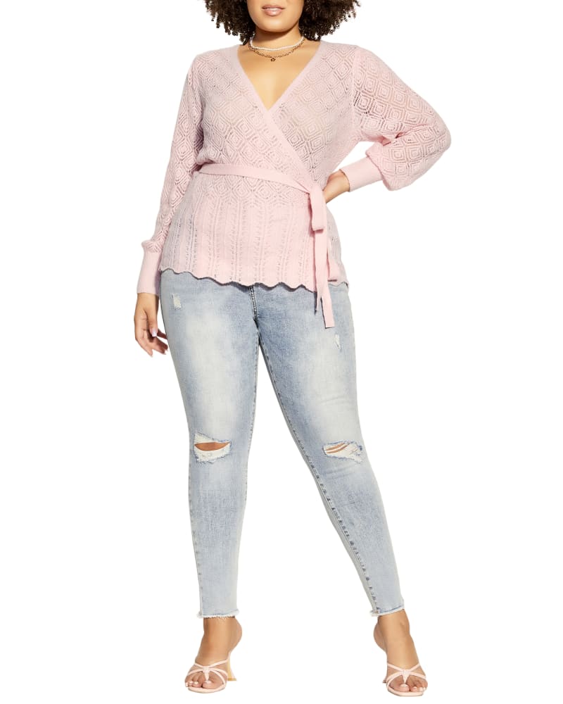 Front of a model wearing a size XS Olivia Cardigan in Pink by City Chic. | dia_product_style_image_id:233519
